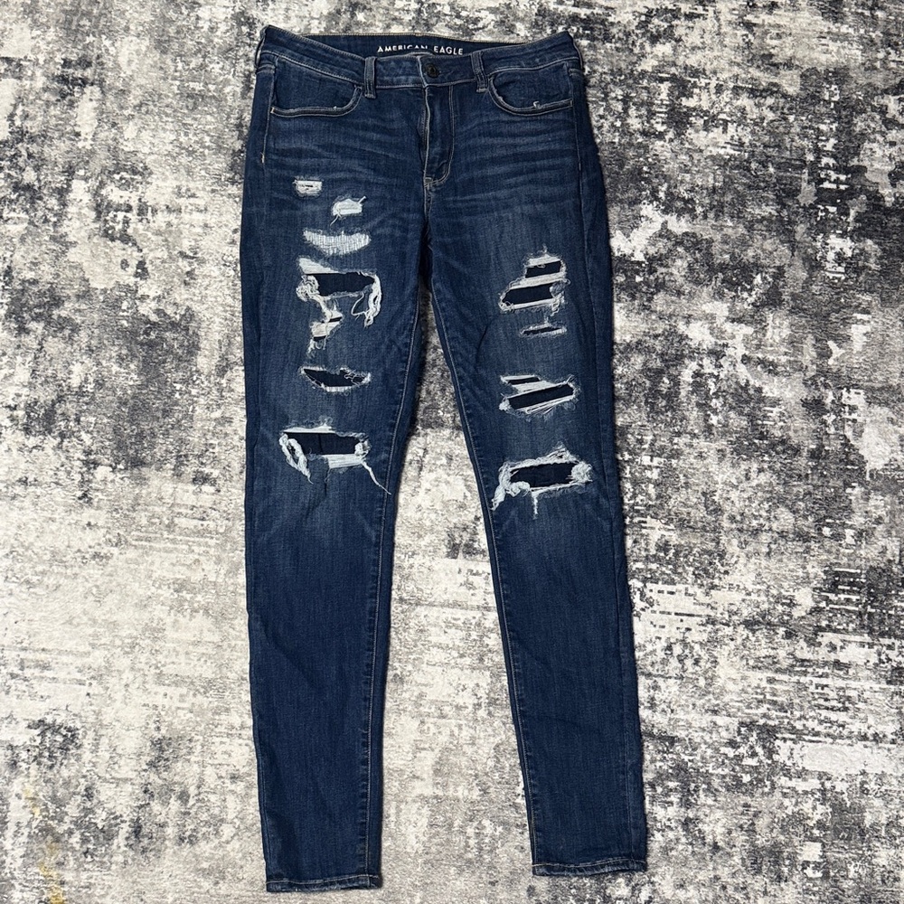 American Eagle Outfitters Women's Dark Blue Distressed Skinny Jeans